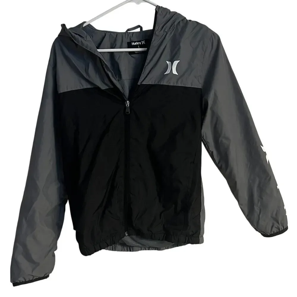 Hurley Jacket Youth Large Logo Light Weight Zip‎ up Wind Breaker Gray Black